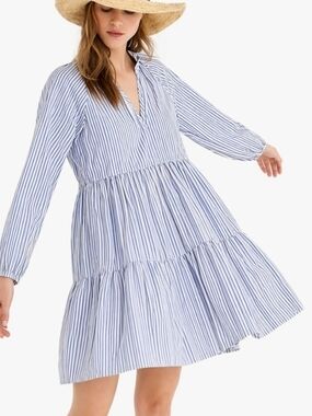 J. Crew 100% Cotton Blue & White Stripe Poplin Tiered Long Sleeve Mini Dress